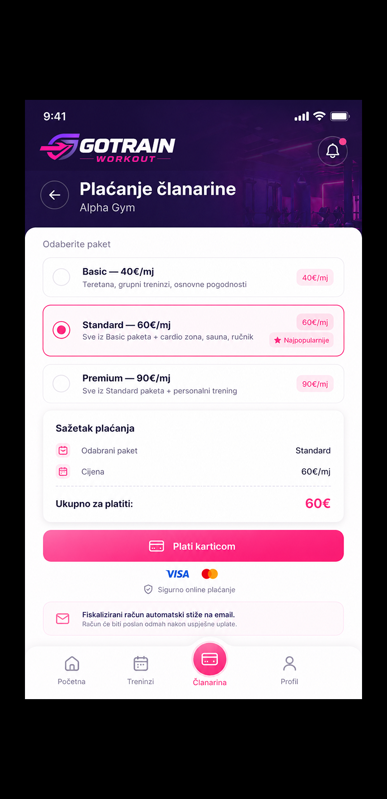 GoTrain aplikacija — plaćanje